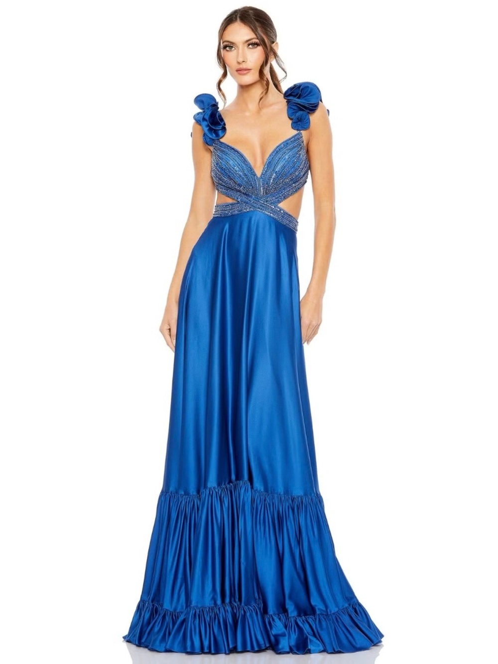 NWT Mac Duggal Royal Blue Ruffled Strap Evening Gown